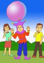 Illustration of a clown and two other people shocked to see a large bubble