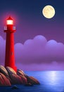 Illustration of a Coastal Nighttime Scene, a Majestic Red Lighthouse Stands Tall on a Rocky Cliff Under the Full Moon\'s Glow