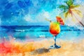 illustration of Cocktail on a beach. Cold drink on beautiful coast beach with calm sea. Generative AI