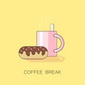 An illustration of coffee break with cup of coffee or tea and a chocolate donut Royalty Free Stock Photo