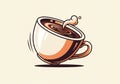 Illustration of a coffee cup tilted at an angle, filled with swirling coffee. The cup has a Royalty Free Stock Photo
