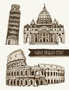 Illustration of Coliseum, Tower of Pisa, St. Peter's Basilica