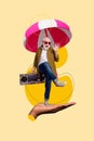 Illustration collage of funny dancing careless senior man listen boombox music beach retro party atmosphere isolated on