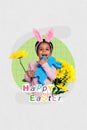 Illustration collage photo of little cute schoolgirl preteen age play with decor blue bunny toy wear headband ears happy