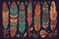 Illustration of a collection of bird feathers with different ornaments