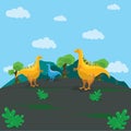 Illustration of a collection of dinosaurs gathered, with a background of mountains and clear skies