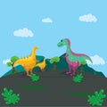 Illustration of a collection of dinosaurs gathered, with a background of mountains and clear skies