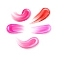 Illustration of a collection of strokes of liquid lipsticks, pink liquid lipstick on white background. Elements of the