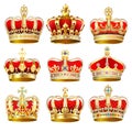 collection of various golden crowns, royal power with precious stones and pearls