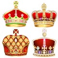 collection of various golden crowns, royal power with precious stones and pearls