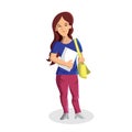 An illustration of college girl character wearing casual clothes, bag and holding some papers