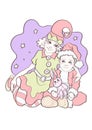 illustration color cartoon style new year holiday masquerade cute boy and girl siblings sitting in costumes of elves and gnomes