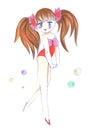 Illustration color drawing of watercolor manga girl in clothes on a isolated background. Royalty Free Stock Photo