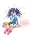 Illustration color drawing of watercolor manga girl in clothes on a isolated background. Royalty Free Stock Photo