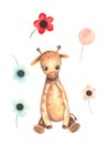 Illustration of color watercolor animal character giraffe sitting among flowers on a isolated background. Royalty Free Stock Photo