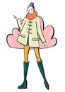 Illustration color woman full length pose interseasonal fashion warm clothes green coat big scarf snood tights orange and