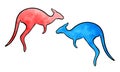 Illustration of a colored drawing of red and blue kangaroo silhouettes jumping on a white isolated background Royalty Free Stock Photo