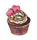 Illustration of a colored drawing of sweets: cream cupcake decorated with pink hearts on a white isolated background