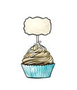 Illustration of a colored drawing of sweets: cream cupcake with note board on a white isolated background