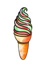 Illustration of a colored drawing of sweets: green-red ice cream in a spiral waffle cone on a white isolated background Royalty Free Stock Photo