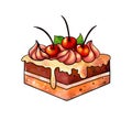 Illustration of a colored drawing of sweets: orange-brown square cake topped with cream and decorated with nuts and red