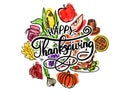 Illustration of Colored Lettering happy thanksgiving with different leaves and vegetables on white backdrop Royalty Free Stock Photo