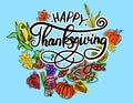 Illustration of Colored Lettering happy thanksgiving with different leaves and vegetables on blue backdrop Royalty Free Stock Photo