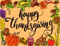 Illustration of Colored Lettering happy thanksgiving in frame of different leaves and vegetables Royalty Free Stock Photo