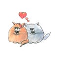 Illustration with colored pencils cute cats love each other. A boy and a girl with hearts. For prints, posters