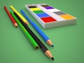 Illustration of colored pencils and paints on a green background. 3D render.