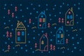 An illustration with colored tiny houses and Christmas trees. Beautiful linear background of a house, pine trees, trees