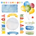 Illustration with colorful air ballons,bunting flags,ribbon banner,splashes and more Royalty Free Stock Photo