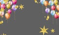 Illustration of colorful balloons with gold stars and ribbons on grey background Royalty Free Stock Photo