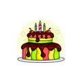 Illustration of a colorful birthday cake with melted chocolate