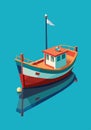 Illustration of a colorful boat anchored in calm blue waters-