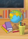 Illustration of colorful book with pencil globe in the school
