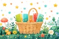 Illustration of colorful books in a wicker basket in a whimsical garden setting, perfect for children's storybooks. Royalty Free Stock Photo