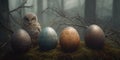 Colorful Celtic Easter Eggs in a Misty Woodland