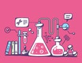 Illustration of colorful chemical laboratory flasks on re