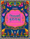 Colorful coming soon banner in truck art kitsch style of India Royalty Free Stock Photo