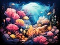 Illustration of colorful corals with underwater life around them.