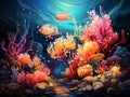 Illustration of colorful corals with underwater life around them.