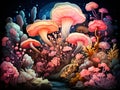 Illustration of colorful corals with underwater life around them.