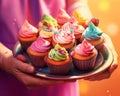 Illustration of colorful cupcakes in plate in hands