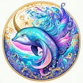 Illustration of a colorful dolphin in a circle with a pattern. AI Generated