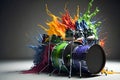 colorful drum set with paint splattered on it. Generative AI