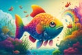 illustration of colorful fish and rainbow in aquarium