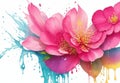 illustration of colorful flower, paint splashes. Majestic, exotic, garden plant spreading petals.