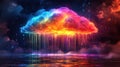 Illustration of colorful glowing neon cloud with rain, technology background, symbolizing the dynamic nature of cloud computing Royalty Free Stock Photo