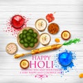 Powder color gulal and gujiya sweet with thandai for Happy Holi Background Royalty Free Stock Photo